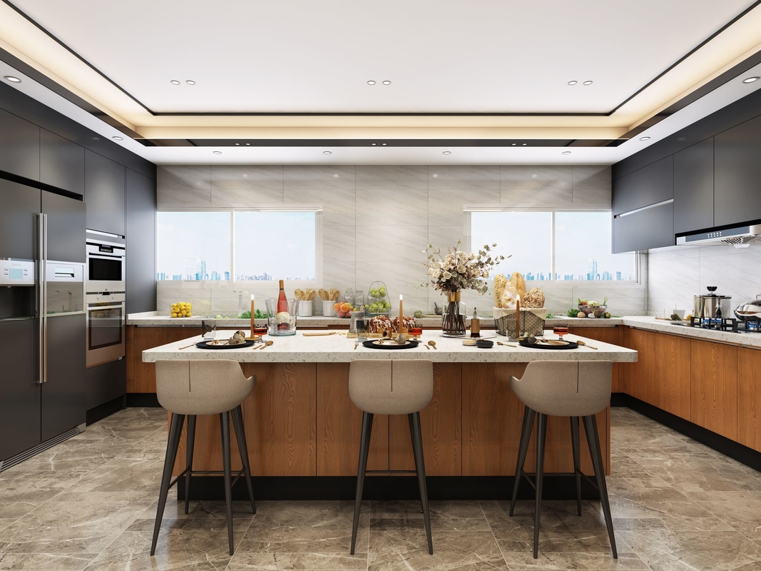 Luxurious Elegant Modern Stainless Steel Kitchen Cupboards Chinese Dark Wood Grain