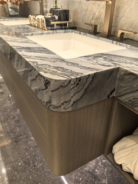 Fadior Luxe Arc â Stainless Steel Bathroom Vanity With Woodgrain Doors & Quartz Top - feature detail